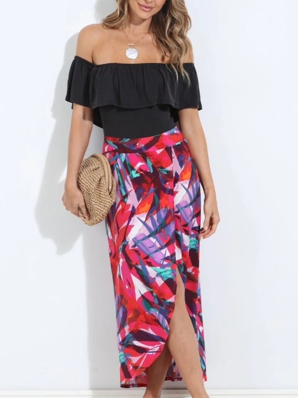 Veronica M Palmera Abstract  Maxi Faux Wrap Skirt - Pink Multi